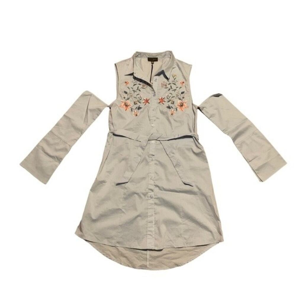 NWT Loveposh Shirt Dress Cold Shoulder Long Sleeve‎ Mini  Embroidered Blue Large